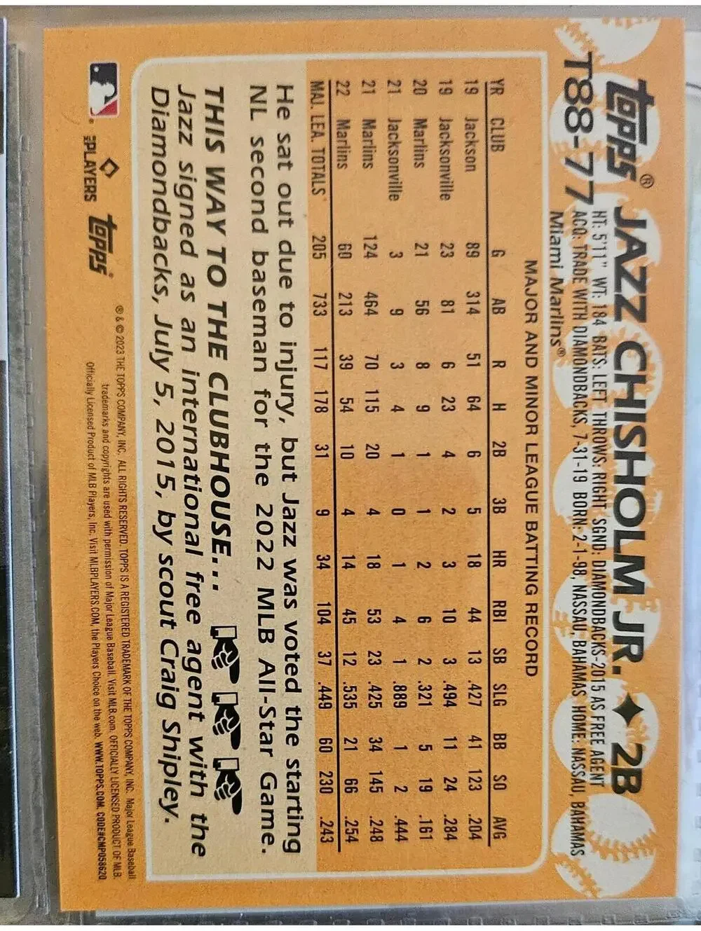 2023 Topps 1988 Topps #T8877 Jazz Chisholm Jr. Miami Marlins